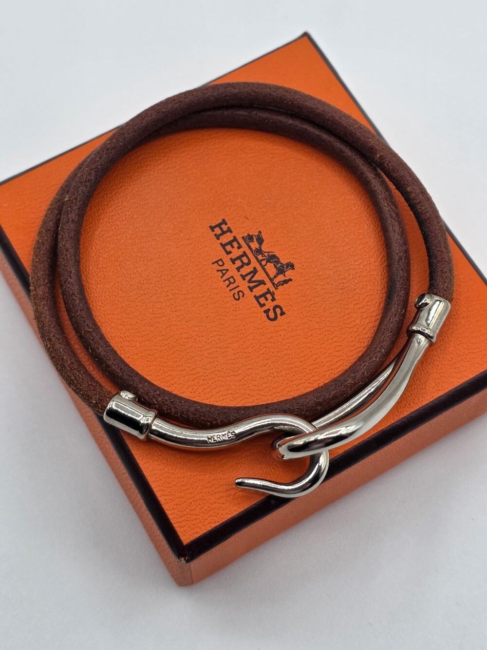 Hermès Jumbo Double Tour Bracelet Brown Leather Palladium Hook w/ Box
